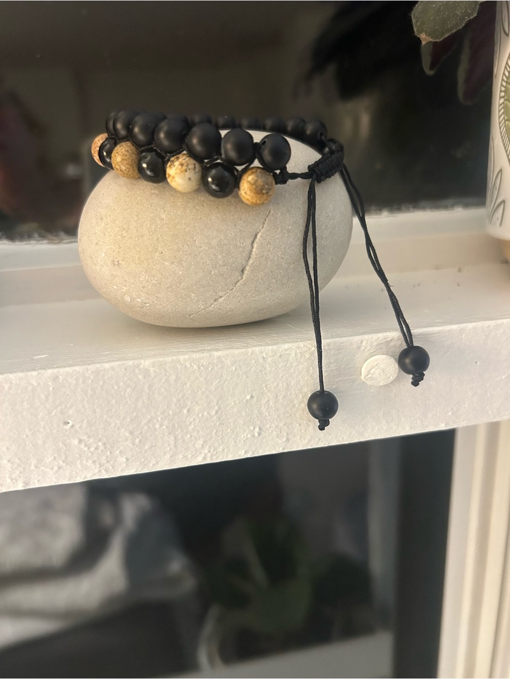 Unisexe Black Onyx and Landscape Jasper Anchor and Protection Bracelet